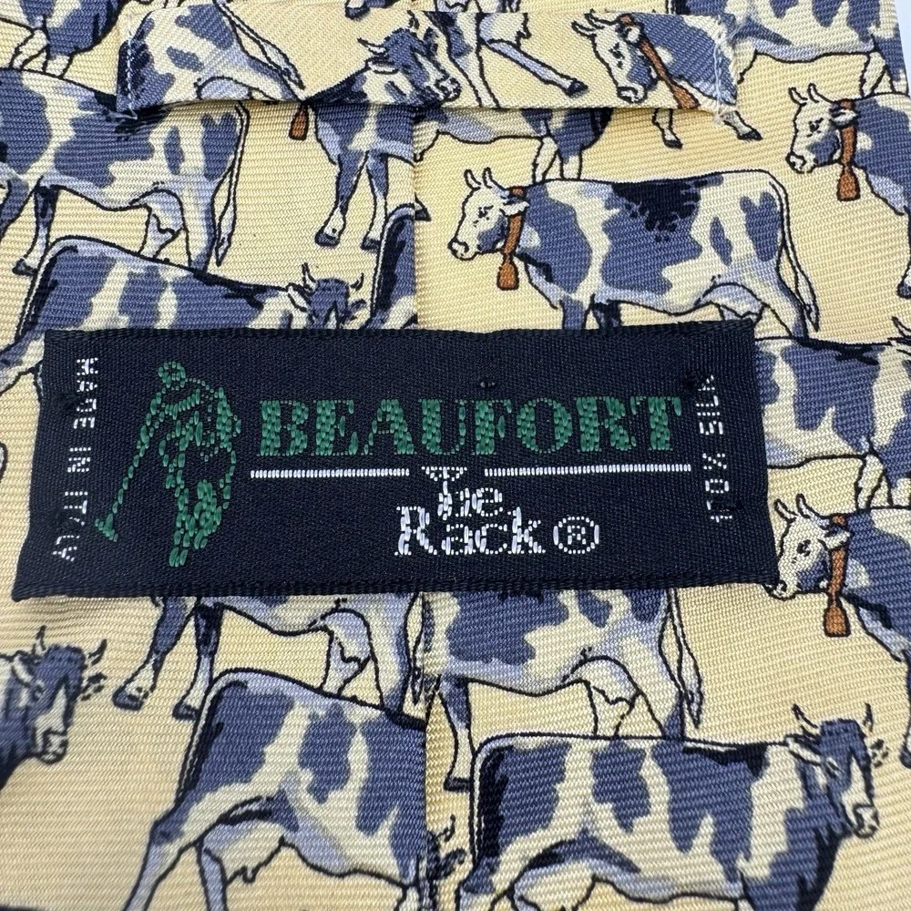 Beaufort Silk Tie Novelty Cow Lovers Print Italy Made Butter Yellow Gift Preppy